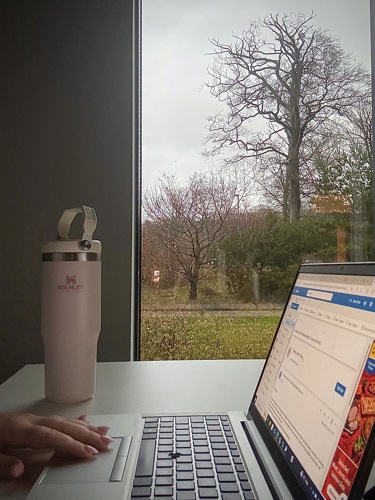 Student cosy desk set up, with a pink Stanley cup and laptop next to a window overlooking green space and trees,