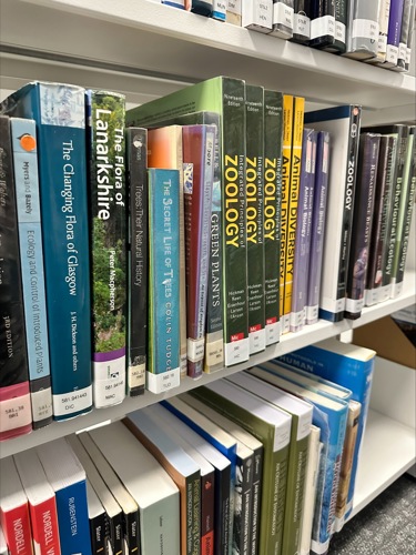 Library shelf of books written on Zoology