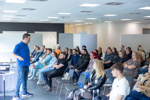 Lecture being given by an academic to a room full of prospective students at UWS Lanarkshire Campus