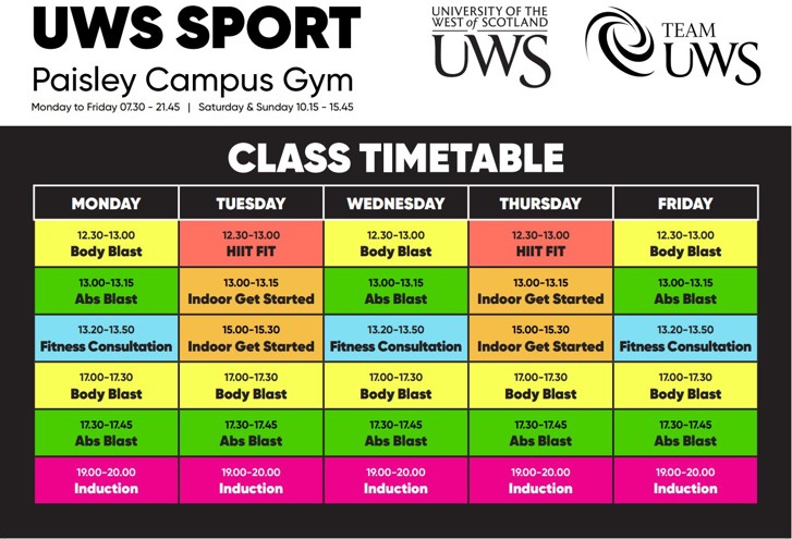 UWS Sport Paisley Campus Gym timetable