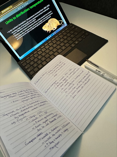 Open laptop beside a notebook containing written notes and two pens, all sitting on a white desk